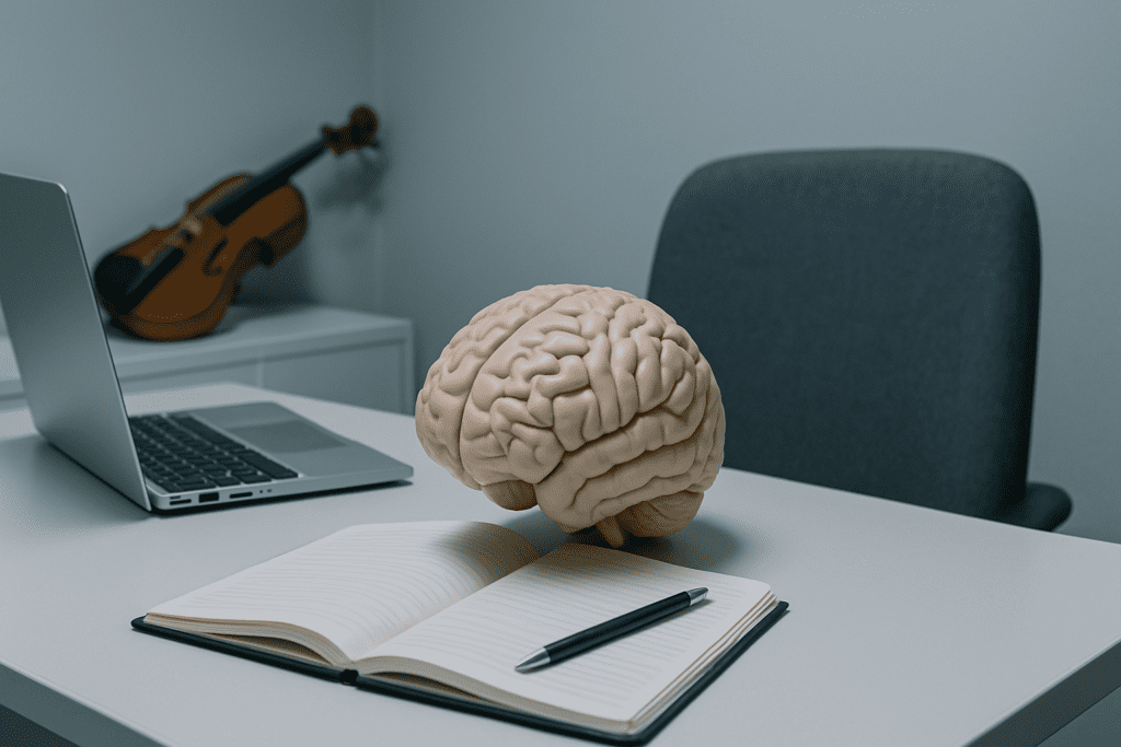 A realistic brain model sits on a clean white desk beside a laptop and open notebook, all under cool fluorescent lighting in a minimalist office space. This environment visually reinforces the cognitive benefits of instrumental focus music on productivity and long-term brain health.