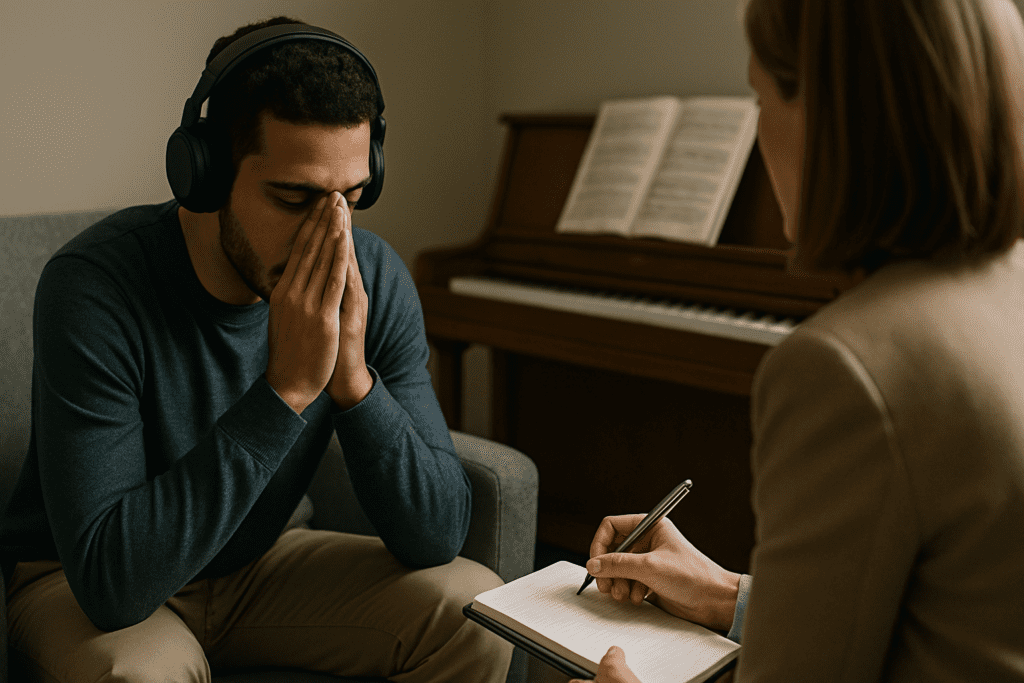 A young man in headphones sits in reflective posture during a therapy session, while a therapist observes and takes notes in a softly lit room with a piano in the background. This image illustrates how instrumental music can support emotional processing, focus, and brain function over time.