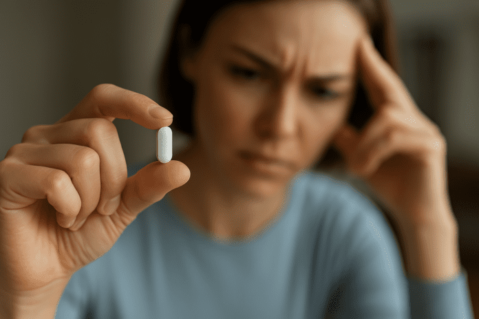 Close-up of a hand holding a white pill with a focused young woman blurred in the background, symbolizing non-ADHD use of focus medications and concentration enhancement.