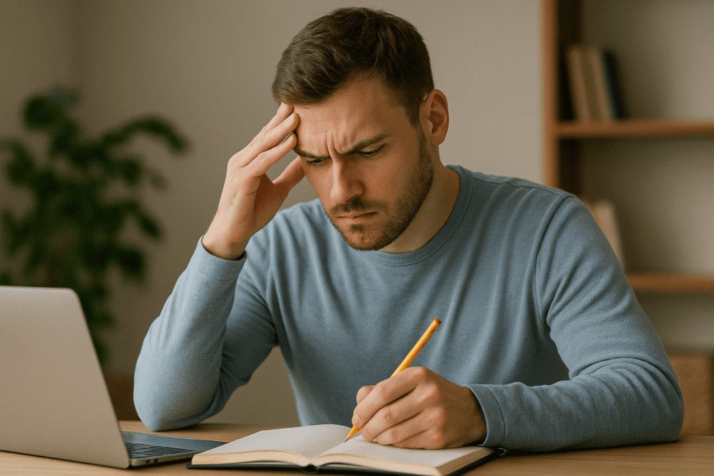 Young man concentrating on handwritten notes at a desk, representing natural focus strategies and the consideration of cognitive enhancers without an ADHD diagnosis.