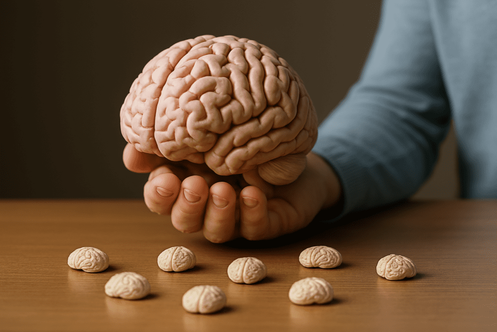 Hand holding a 3D brain model with brain-shaped supplements in the foreground, visually connecting cognitive health, nootropics, and focus medications for non-ADHD users.