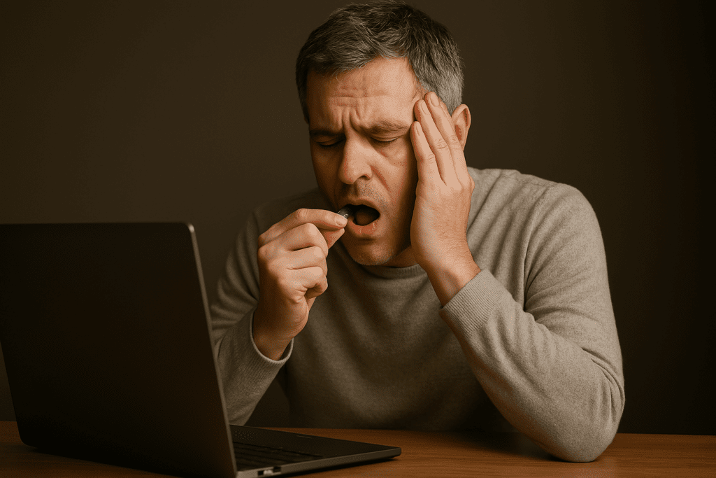 Middle-aged man looking fatigued while working on a laptop and preparing to take a blue pill, illustrating the real-life decision-making around using focus meds without ADHD.