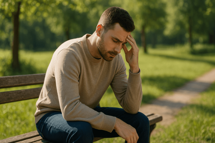 A young man sits alone on a wooden park bench surrounded by greenery, resting his head in his hand in a thoughtful pose, with soft morning sunlight casting a calming glow — symbolizing natural strategies to boost concentration and mental clarity.