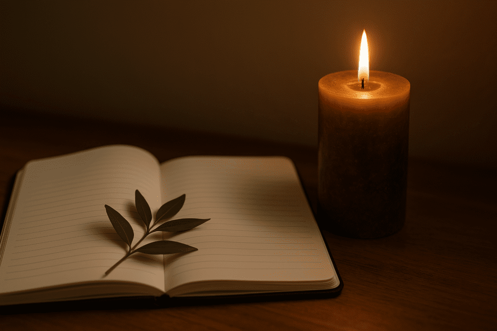 A softly glowing brown pillar candle illuminates an open notebook and sprig of greenery on a rustic wooden surface, creating a warm, reflective atmosphere that evokes the theme of calming, nature-inspired remedies for sharpening focus.