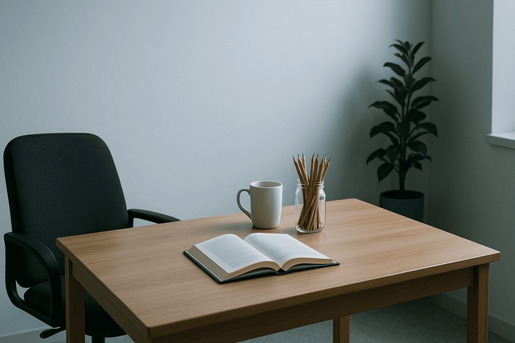 A minimalist office space with a wooden desk, simple decor, and soft white walls conveys a clean, distraction-free environment designed to enhance productivity and mental focus through thoughtful spatial design.