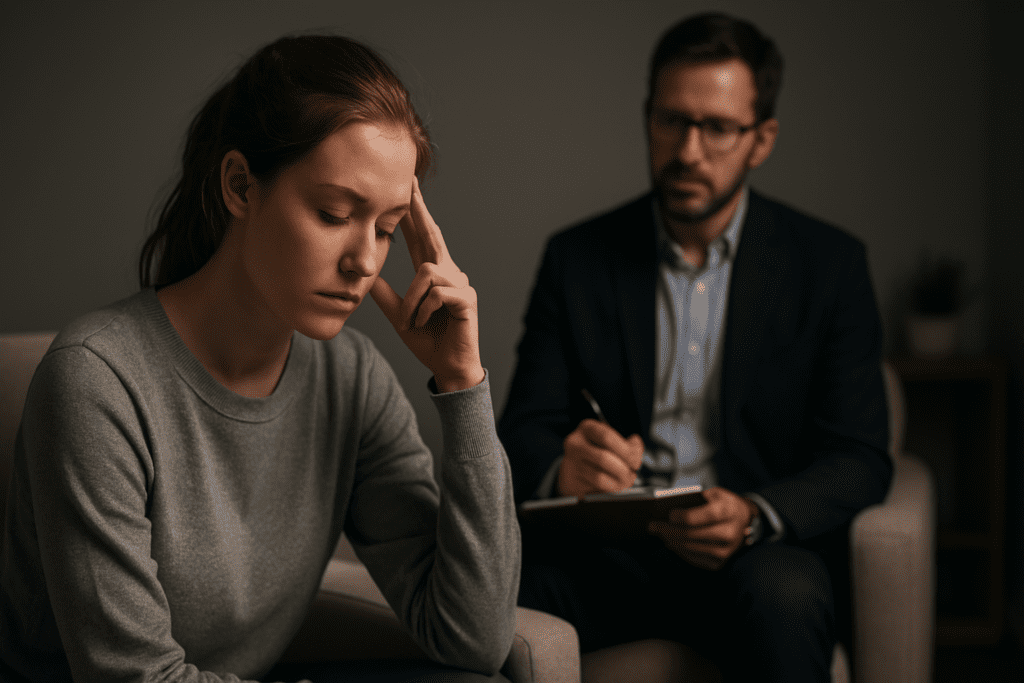 A woman sits in reflective stillness on a beige armchair during a therapy session, eyes closed and hand at her temple, while her therapist quietly takes notes — visually reinforcing how psychological support and mindfulness can improve long-term brain health and concentration.