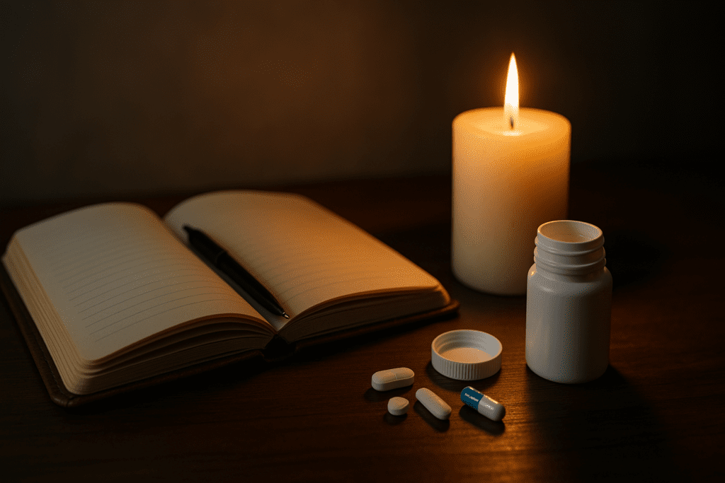 A close-up of a leather journal, flickering candle, and scattered pills creates a symbolic still life that suggests introspection, focus, and the quiet use of medication to improve concentration and brain function. The warm candlelight adds a reflective, therapeutic mood.