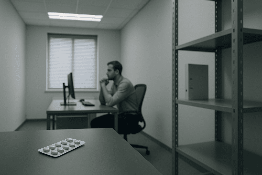 Inside a clean, modern office lit with cool fluorescent lighting, a man works at his desk as a blister pack of cognitive-enhancing pills sits on a table in the foreground. The minimal décor and subdued color palette emphasize productivity, concentration, and the role of focus medications in cognitive support