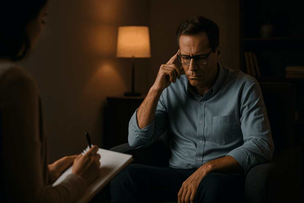 In a softly lit therapy room, a middle-aged man in an armchair reflects quietly while his therapist takes notes, illustrating a clinical yet comforting setting. The moody, directional lighting highlights emotional depth and supports the theme of using medication and therapy to enhance focus and long-term brain health.