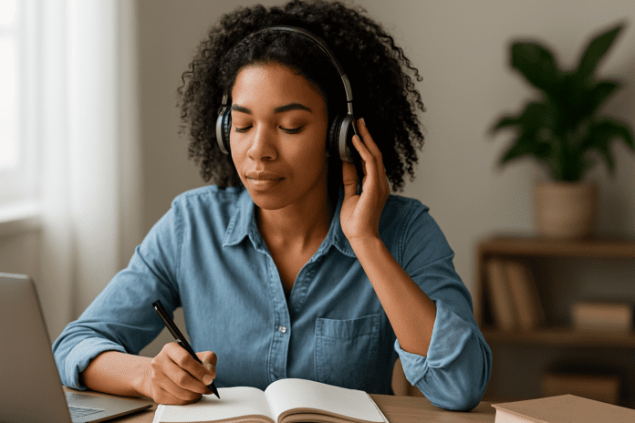 Young African-American woman wearing headphones sits at a desk with eyes closed, practicing deep focus with music for concentration in a naturally lit room.