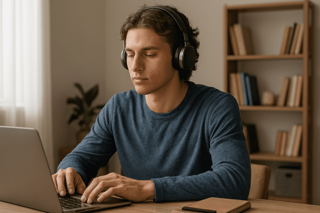 Focused young man with wavy brown hair wears headphones while working on a laptop at a wooden desk, using music to boost productivity and brain performance.