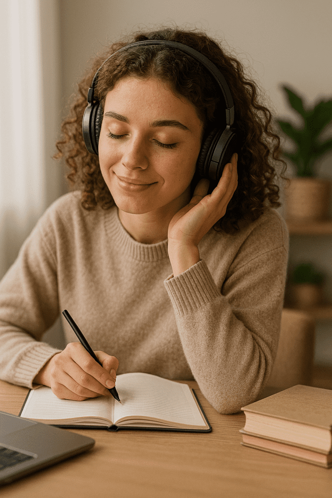 Curly-haired young woman in a beige sweater listens to instrumental music through headphones while studying, enhancing focus and supporting cognitive health.