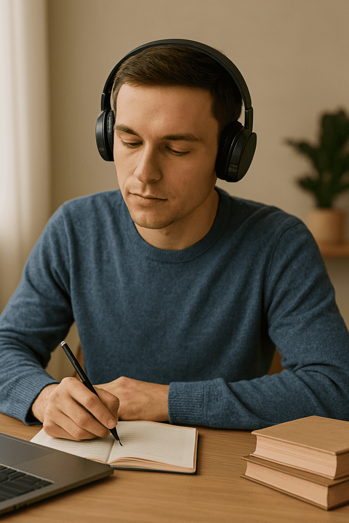 Young man in a blue sweater concentrates on writing and working on his laptop with headphones on, illustrating how focus music can improve mental clarity and productivity.