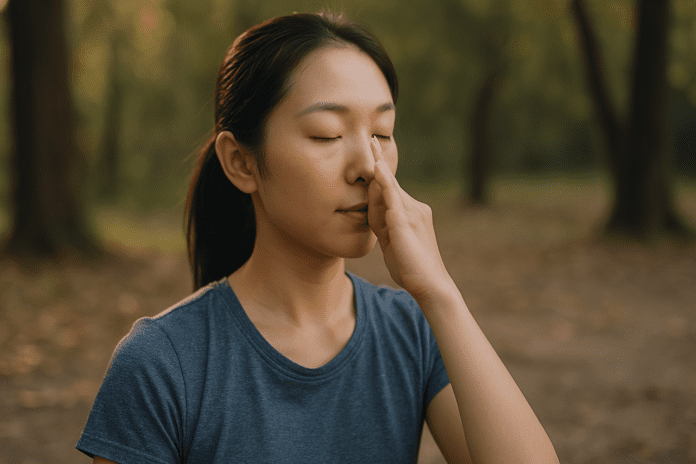 A peaceful young East Asian woman practices calming breathing exercises in a tranquil forest setting, with warm sunlight filtering through trees, promoting stress relief and brain health.
