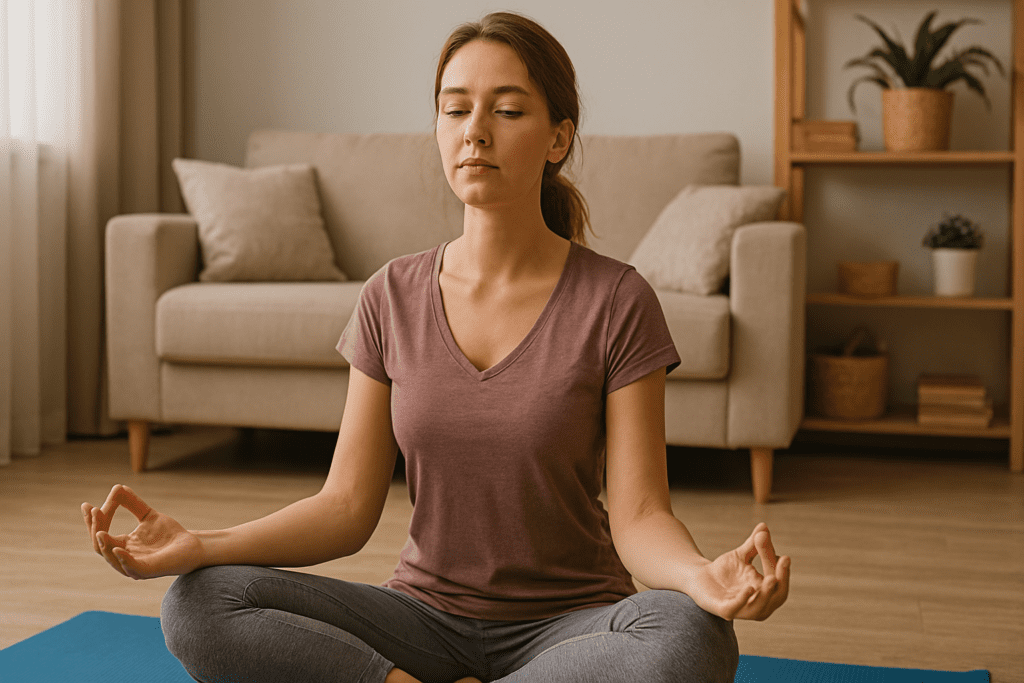 A serene woman meditates in a sunlit living room, sitting cross-legged on a yoga mat with eyes closed, demonstrating science-backed relaxation for stress reduction and cognitive wellness.