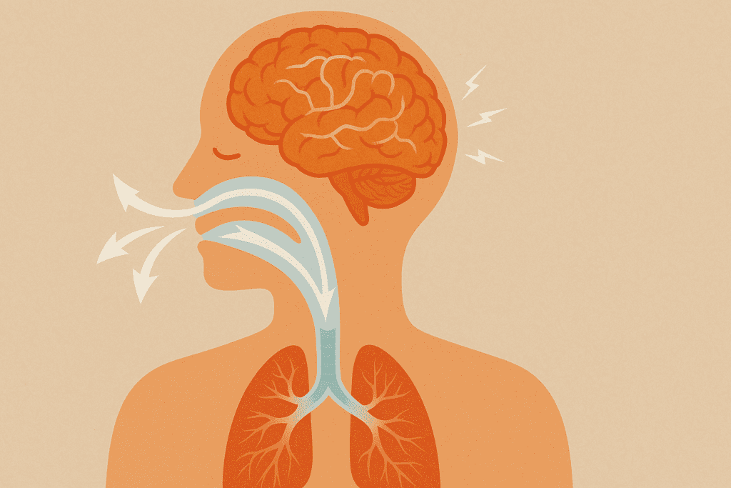 An artistic illustration of a human profile showing the connection between breathing, lungs, and brain, symbolizing how deep breathing supports stress relief and long-term brain health.
