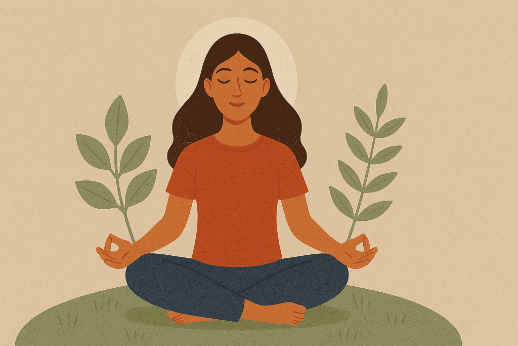 A calm woman meditates outdoors on the grass with the sun behind her, surrounded by nature, visually representing mindful relaxation for reducing stress and enhancing longevity.
