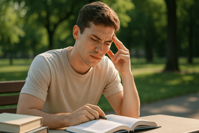 A young man sits alone on a wooden bench in a quiet, green park, intently reading a textbook in the soft morning sunlight. His focused expression and minimal surroundings emphasize strategies to improve concentration and focus while studying in a natural setting.