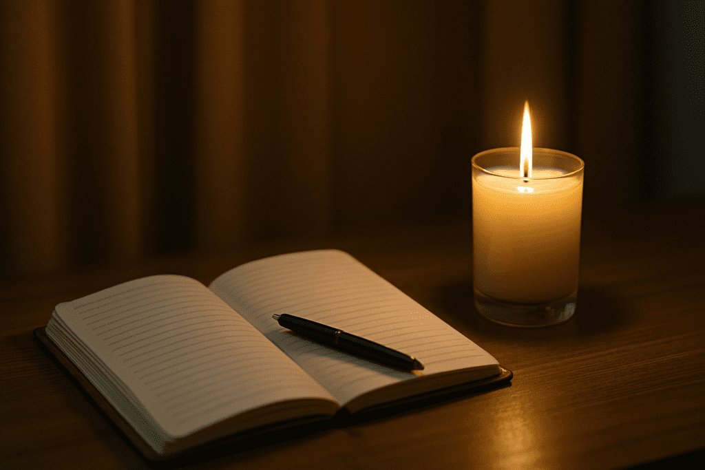 An open notebook and black pen rest on a wooden desk beside a softly glowing candle, with warm ambient lighting and a blurred background. This serene setup symbolically represents science-backed strategies to boost brain function and support cognitive health through reflective journaling and mindfulness.