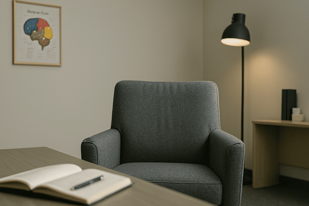 A quiet, well-lit therapy room features a comfortable grey armchair, a small desk with an open notebook, and a framed brain diagram on the wall. The clinical yet welcoming space visually reinforces the theme of improving focus and brain health through therapeutic environments.
