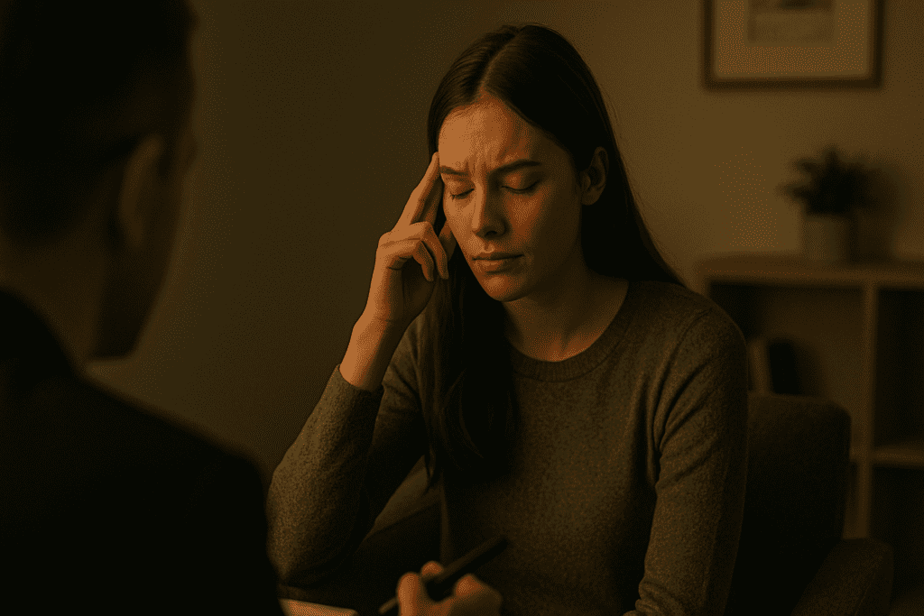 A young woman in an olive sweater sits quietly in a softly lit room, eyes closed and fingers at her temple, expressing deep contemplation during a therapy session. The intimate setting and her reflective posture visually convey science-based techniques for enhancing focus and protecting long-term brain function