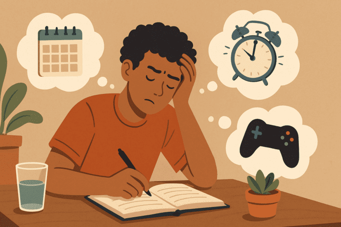 Young man focusing intently while writing at a desk, surrounded by productivity icons like a clock and calendar—visualizing ADHD self-management through routine and organization.