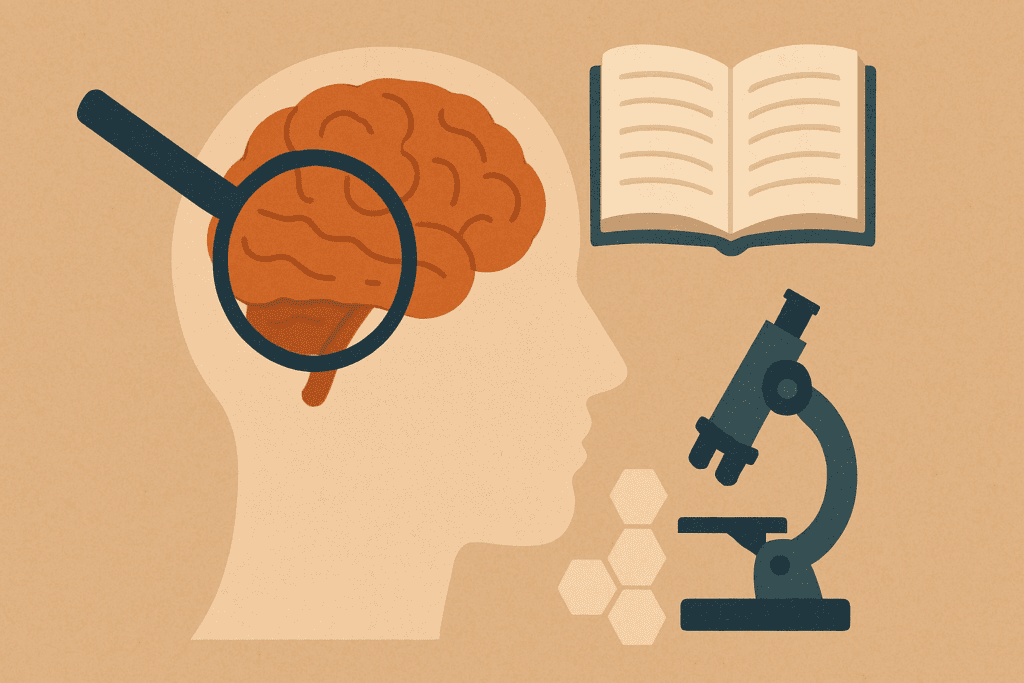 Illustration of a human brain under magnifying glass with cognitive tools like books and honeycomb patterns—symbolizing science-backed brain strategies for managing ADHD naturally.