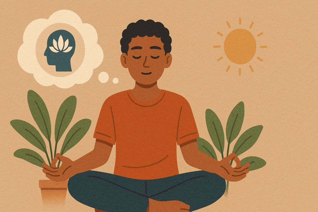 Person meditating peacefully outdoors surrounded by plants, sunlight, and a lotus-filled thought bubble—representing mindfulness and meditation as natural techniques to improve focus in ADHD.