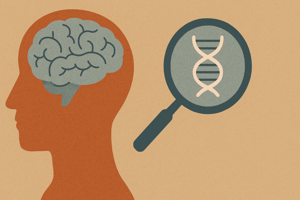 Silhouette of a calm person with brain and DNA imagery connected by magnifying glass—depicting scientific exploration of cognitive health to support ADHD without medication.