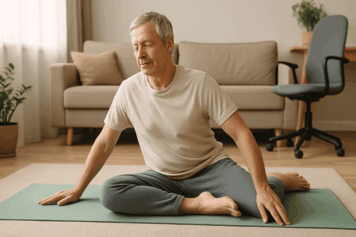 Older adult doing gentle stretches on a yoga mat at home to demonstrate exercises for arthritis in the lower back and hips