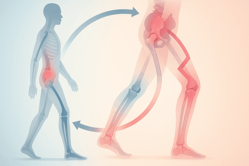 Diagram showing joint misalignment and kinetic chain imbalance to illustrate how improper movement affects exercises for arthritis in the lower back and hips.