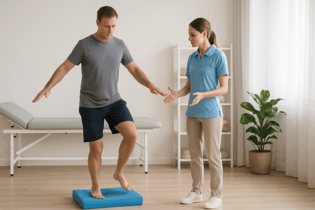 Middle-aged man performing balance training on a foam pad guided by a therapist, demonstrating exercises for arthritis in the lower back and hips.