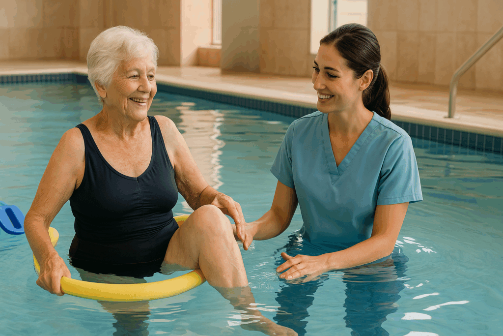 Senior woman performing water-based leg lift assisted by therapist in heated pool, demonstrating exercises for arthritis in the lower back and hips.