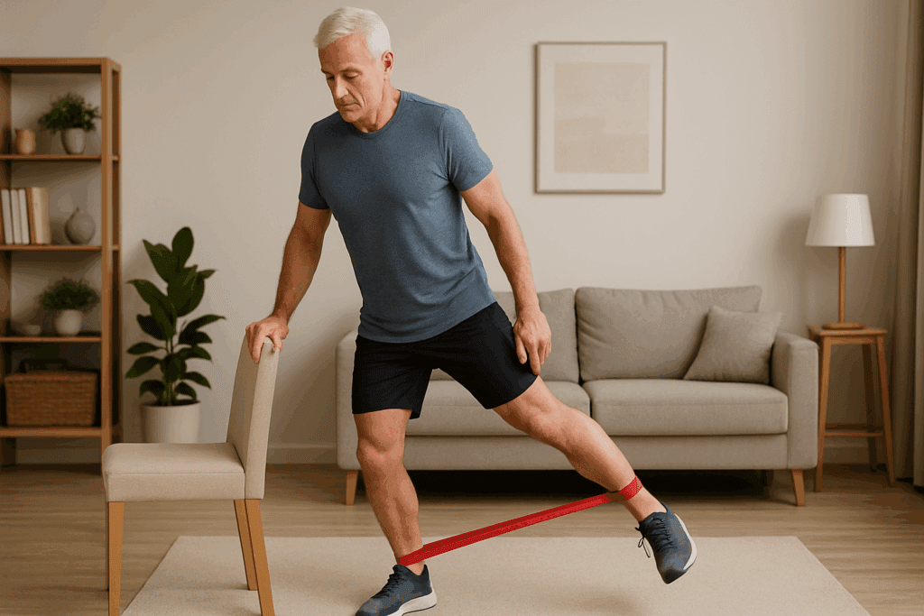 Older adult performing standing hip abduction with resistance band at home, demonstrating exercises for arthritis in the lower back and hips.