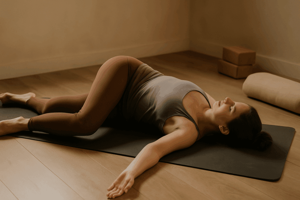 Woman practicing reclining spinal twist yoga pose with props, demonstrating gentle exercises for arthritis in the lower back and hips