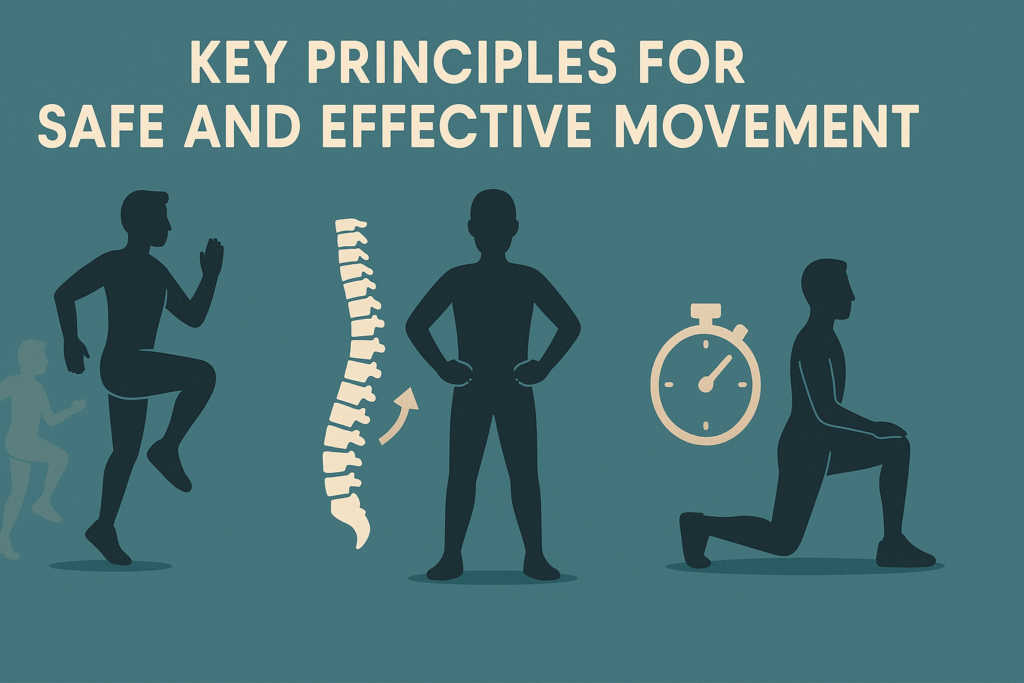 Infographic with silhouettes demonstrating safe exercises for arthritis in the lower back and hips, including posture, pacing, and consistency principles