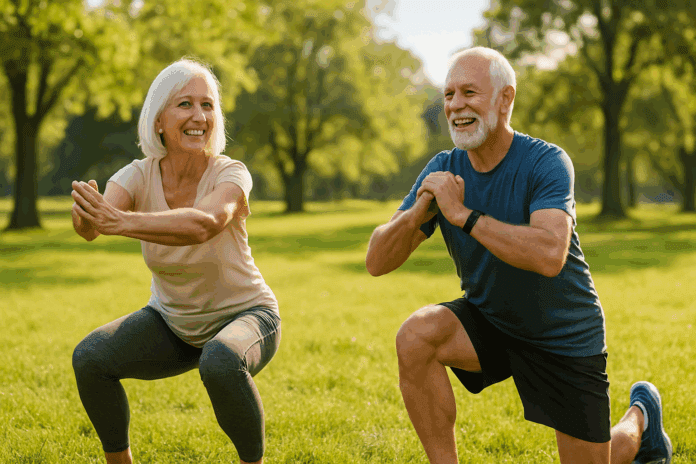 Smiling senior man and woman doing squats and lunges in a sunny park, showing the benefits of body weight exercises for older adults.