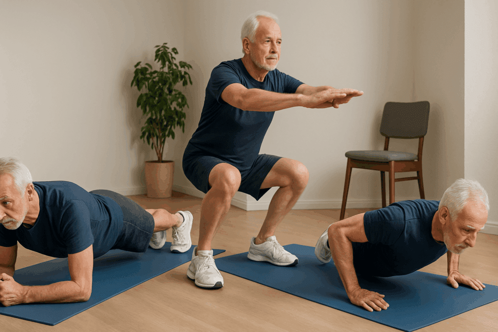 Older adult performing planks, squats, and push-ups indoors to highlight the benefits of body weight exercises for seniors.