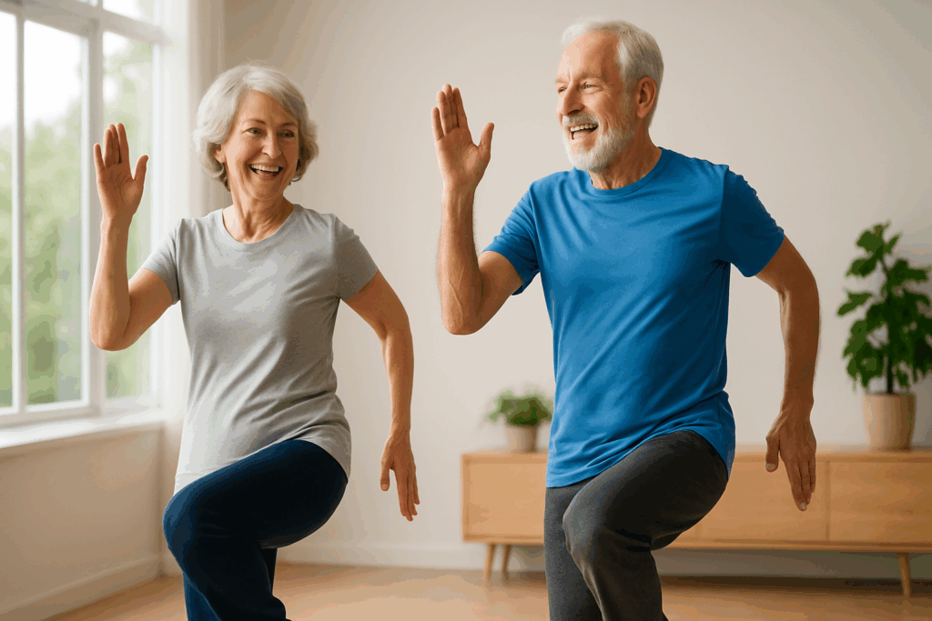 Older adults performing low-impact cardio in a bright room, demonstrating the benefits of body weight exercises for seniors.