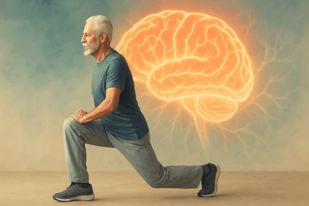 Senior man doing a lunge indoors with a glowing brain overlay, symbolizing cognitive benefits of body weight exercises.