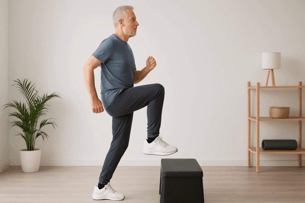 Senior man performing step-up exercise in a home gym, illustrating benefits of body weight exercises for balance and joint health.