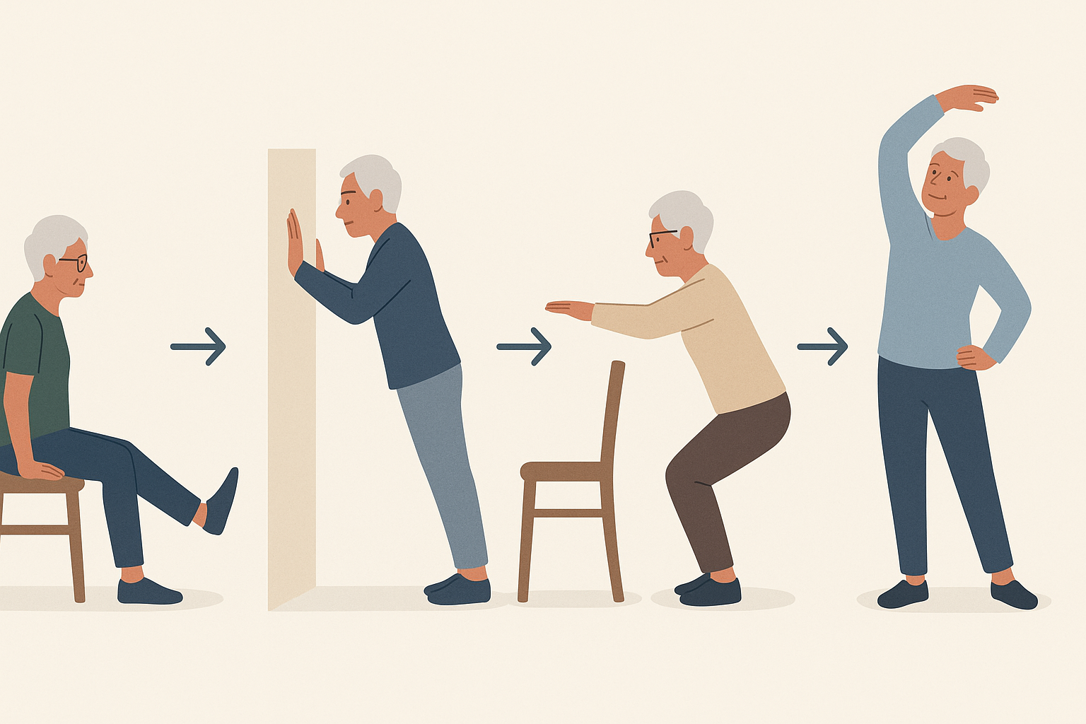 Infographic showing older adult progressing through seated leg lifts, wall push-ups, chair squats, and stretching to illustrate benefits of body weight exercises.