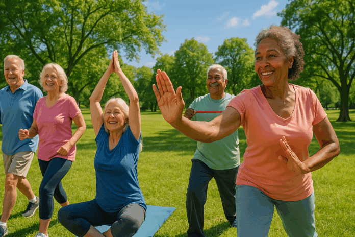 Older adults enjoying active aging fitness activities like tai chi, yoga, walking, and resistance training in a sunny park.