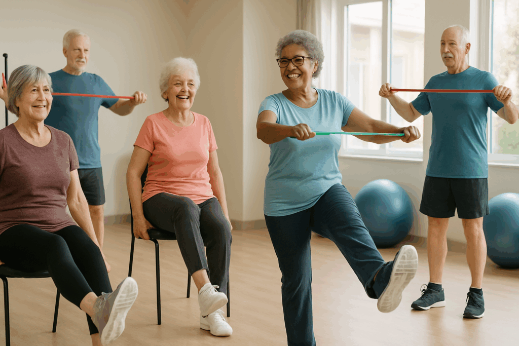 Older adults participating in an active aging fitness class doing seated leg raises and resistance band exercises in a bright, supportive indoor studio.