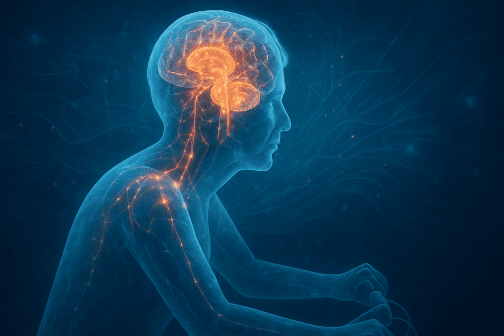 Translucent older adult cycling with glowing brain activity highlighting the hippocampus and prefrontal cortex, symbolizing active aging fitness.