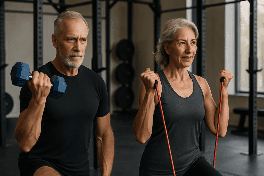 Older man and woman demonstrating active aging fitness with dumbbells and resistance bands in a bright gym.