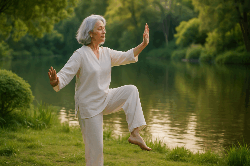 Older woman practicing tai chi by a serene lakeside, demonstrating active aging fitness through balance and graceful movement.