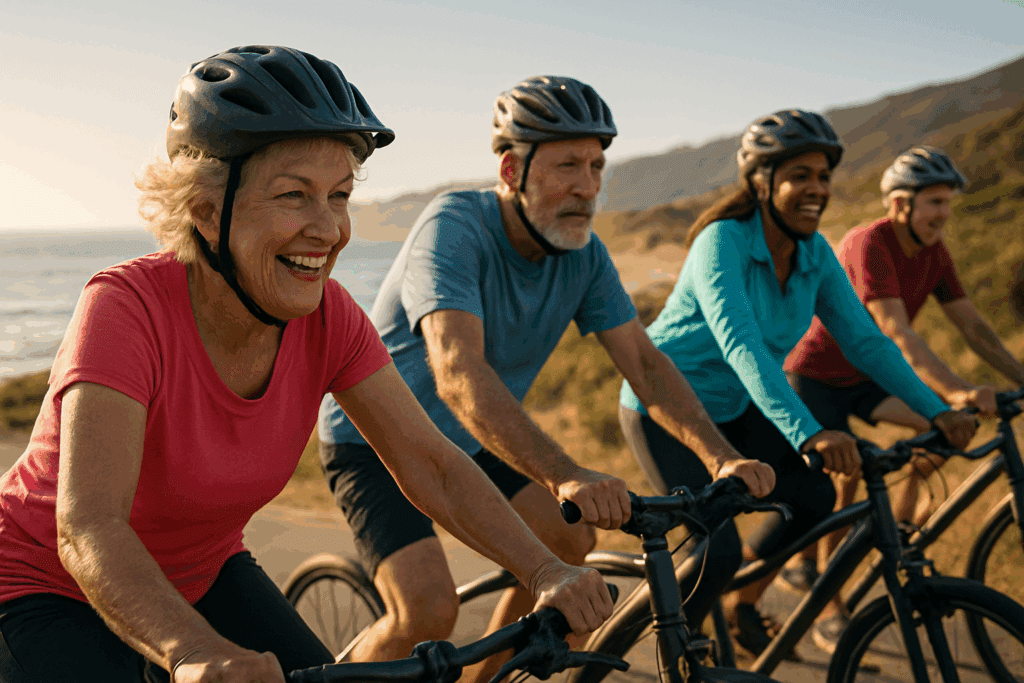 Older adults cycling together along a coastal trail, smiling and energized, illustrating active aging fitness in action.