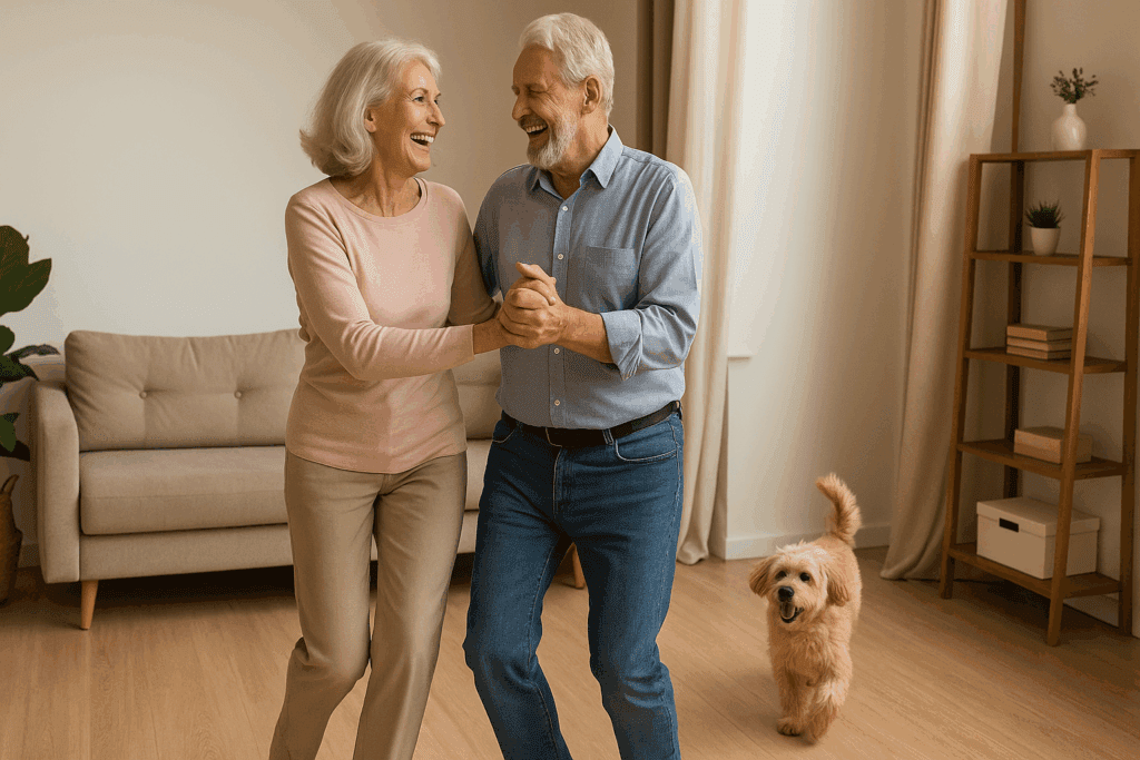 Older couple smiling and dancing in their living room with a playful dog, showing joyful active aging fitness at home.