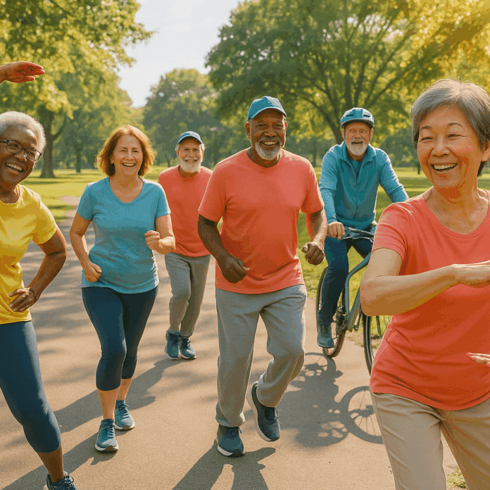 Smiling older adults walking, stretching, biking, and doing tai chi in a sunny park, showing the benefits of exercise for older adults.